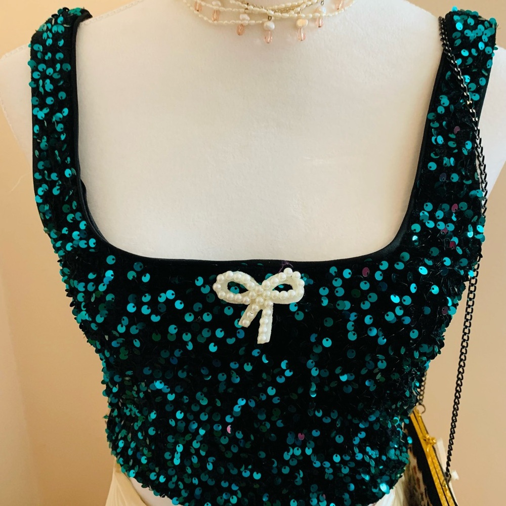 Sequin Crop Top with Bow Accent